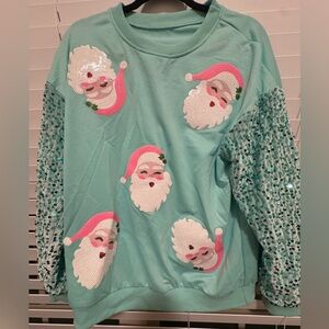 Festive Santa Sweatshirt with Sequin Sleeves